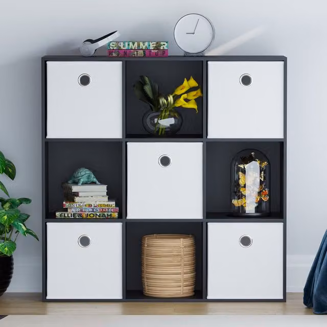 Vida Designs Durham 9 Cube Storage Unit with 5 White Baskets in Black