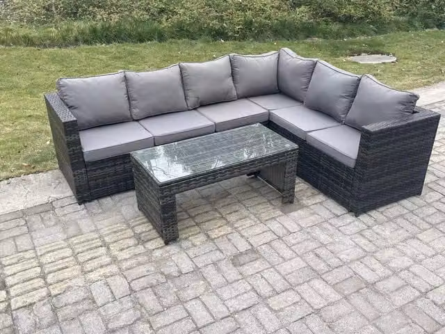 Fimous 6 Seater Rattan Corner Sofa Set with Rectangular Coffee Table, Right Hand, Dark Grey