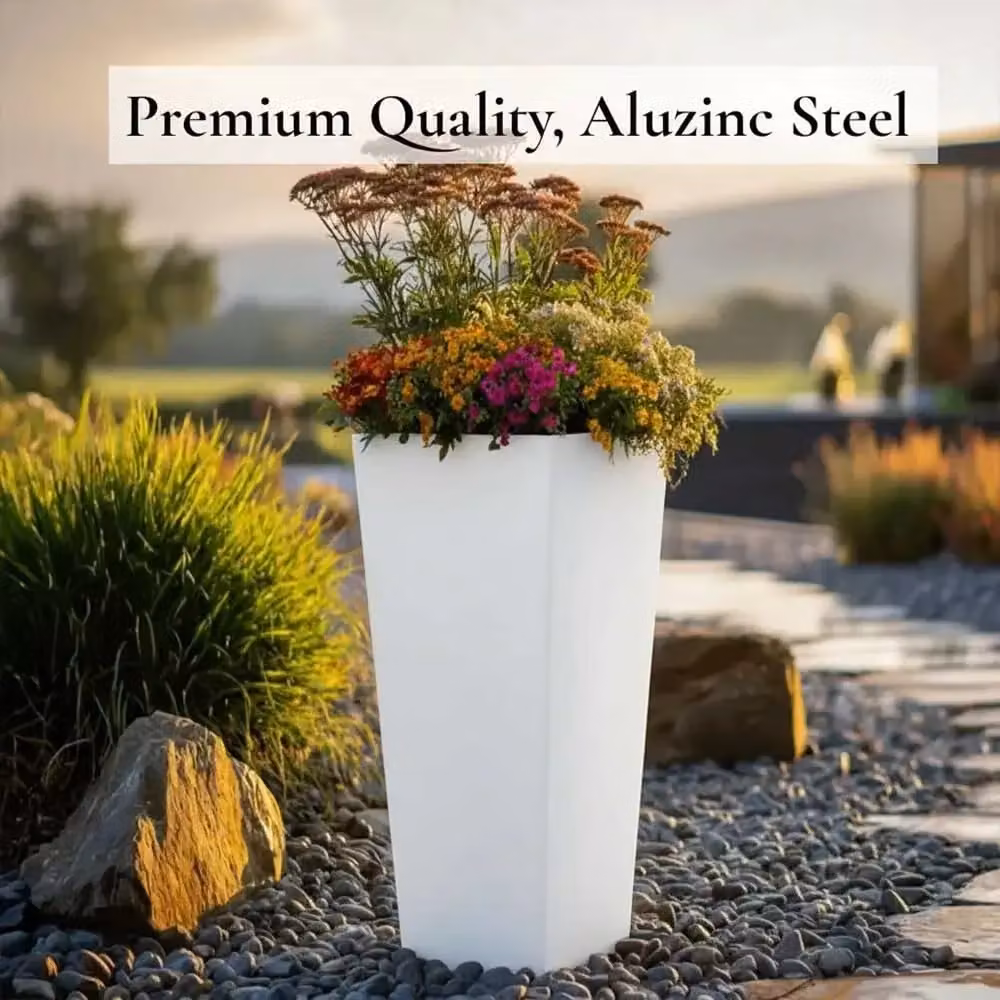 Access Garden Products Matte White Tall Tapered Square Galvanised Steel Planter, Height: 70 cm – 8
