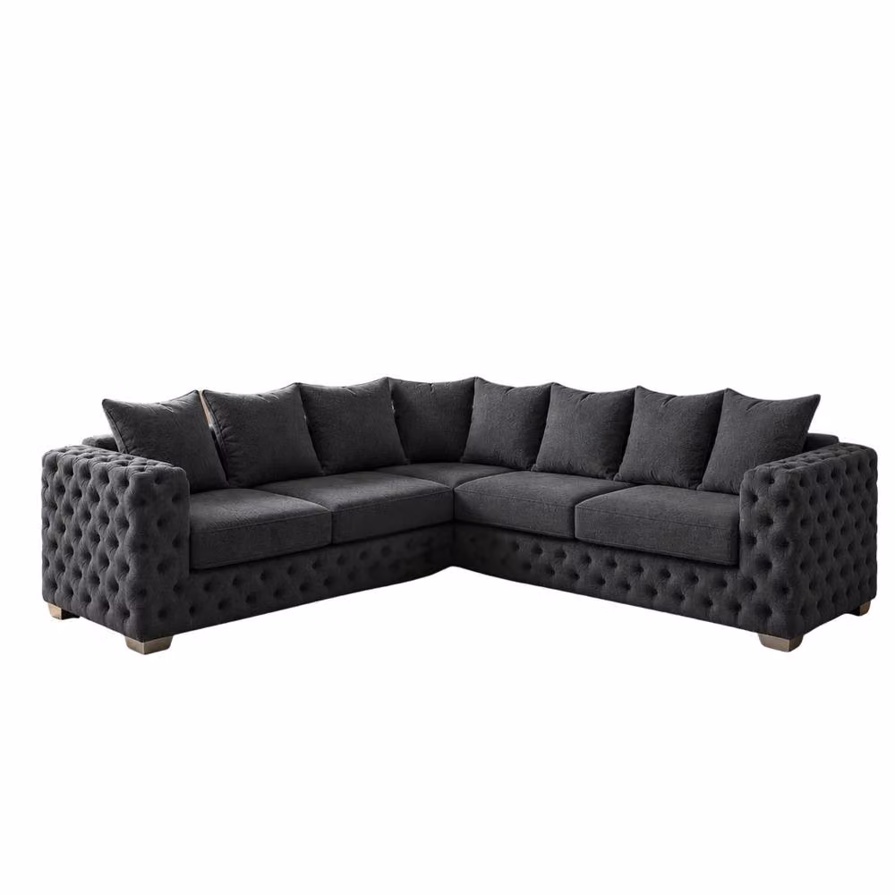 Stratus Interiors Ashley Chesterfield Fabric Sofa Set in Grey, featuring a 2 and 3 Seater L-Shape Configuration with Scatter Cushions – 4