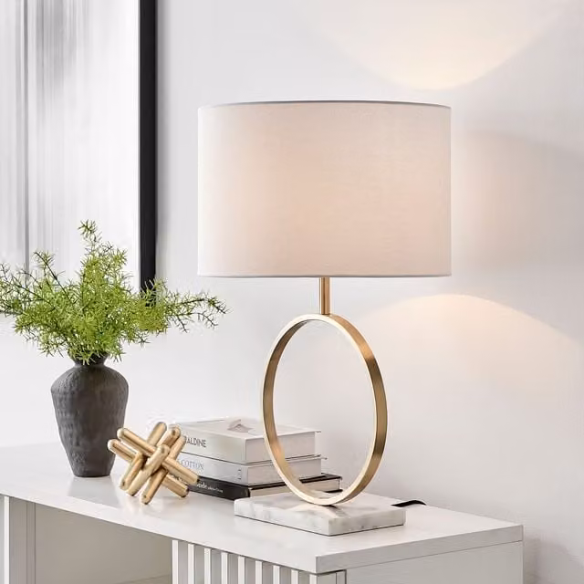 FurnitureboxUK Saffron Marble and Metal Table Lamp with White Fabric Shade and Bulb Included, Gold/Brass