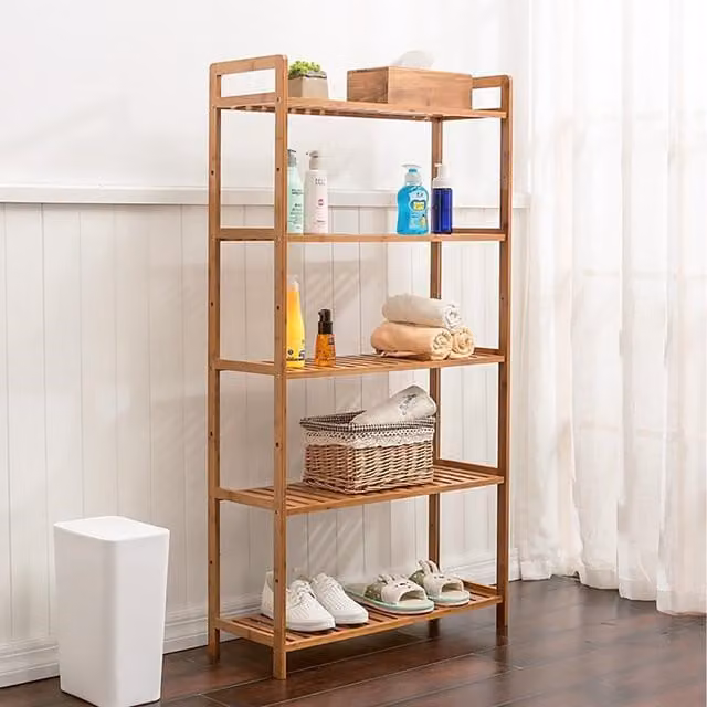 Livingandhome Rustic Brown Tiered Bamboo Wood Book Storage Shelf, W: 128 cm, D: 25 cm, H: 50 cm