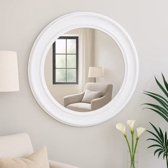 Melody Maison Large Round Vintage White Wall Mirror W/D/H: 80 x 80 x 1 cm – 1