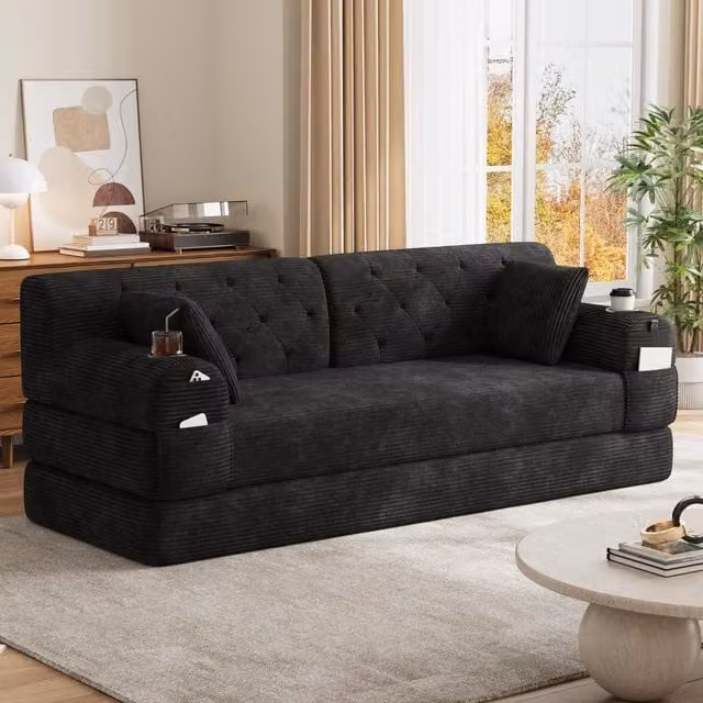 Aosom UK Black Corduroy Convertible Sleeper Sofa with High-Density Foam and Metal Frame, W: 80 cm, D: 208 cm, H: 81 cm