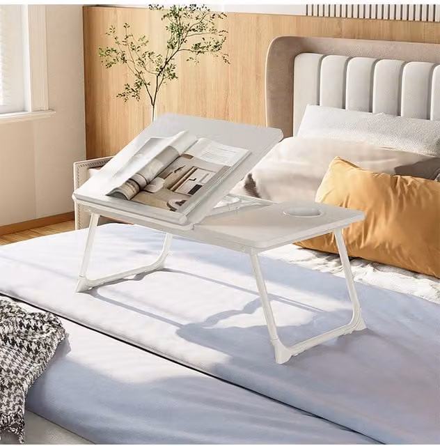 Living and Home Adjustable Height and Tilting Folding Laptop Bed Table with Cup Slot in White