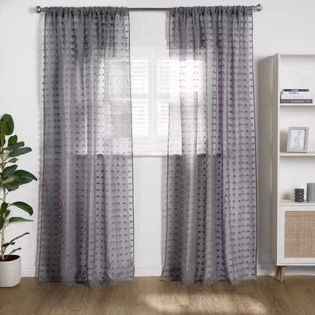 OHS Pair of Grey and White Dotted Pompom Tufted Transparent Voile Curtains