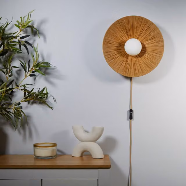 Lighting Collection Raffia Opal Wall Light in Brown with Rattan and Glass Details