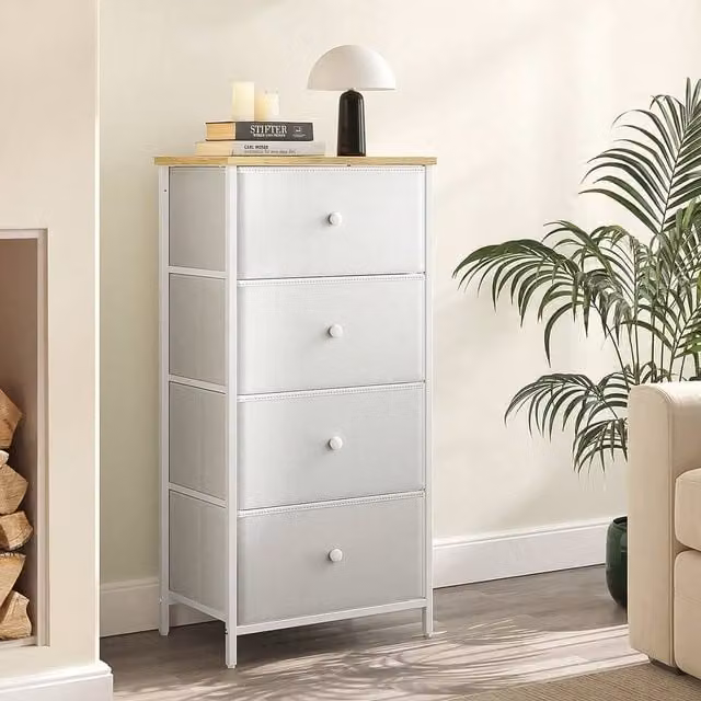 SONGMICS Modern Fabric Chest of Drawers with 4 Drawers in White and Oak Finish