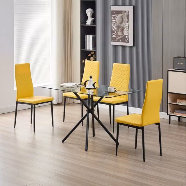 Madefor.living Miami Rectangular Glass Dining Table with 4 Emily Leather Chairs in Yellow