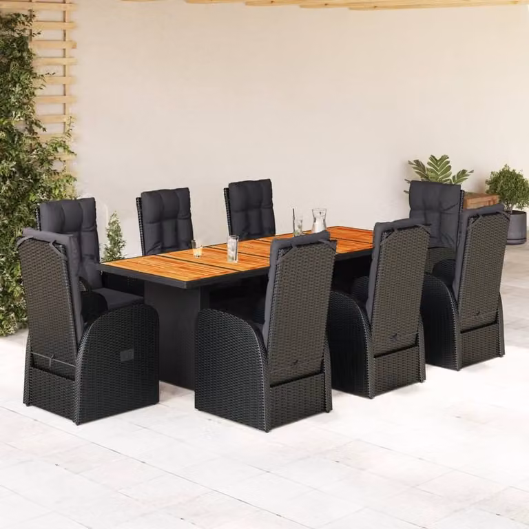 Berkfield Home Beautiful 9 Piece Garden Dining Set with Cushions in Black Poly Rattan and Oiled Acacia Wood