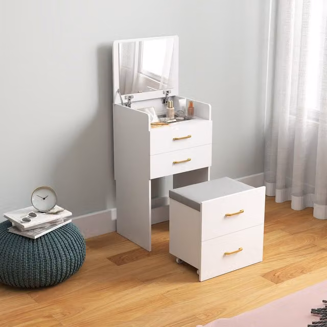 HOMCOM 3 in 1 Modern White Dressing Table Vanity Desk with Tri-fold Mirror and Stool
