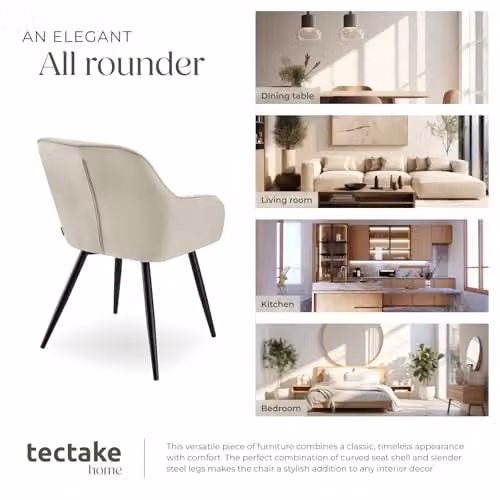 tectake Dining Chair with Velvet-Look Quilted Cover and Armrests in Cream and Black – 4