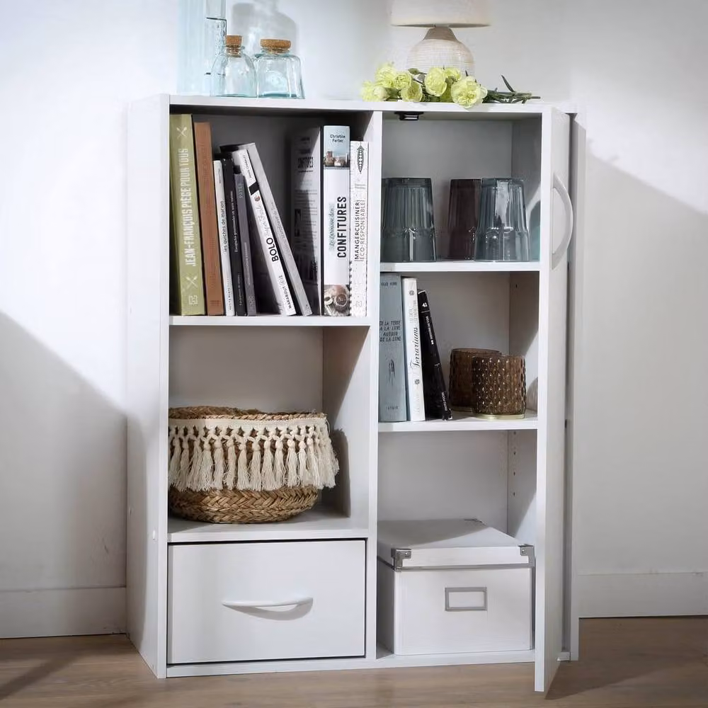 CALICOSY 2-Compartment Storage Shelf with 1 Drawer and 1 Cupboard, White, W: 61.5 cm, H: 80.0 cm, D: 29.5 cm – 3