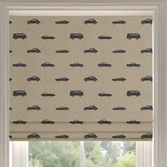 ANTE DECOR Made To Measure Roman Blind with Vintage Cars Print in Charcoal Cotton Linen