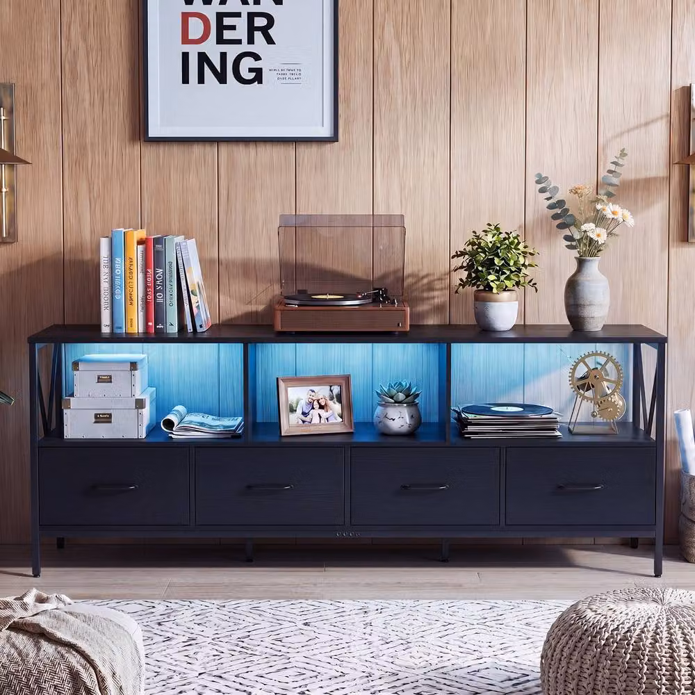 Gymax LED Entertainment Center for TVs up to 80 inch, Extra Long Industrial TV Unit with 4 Drawers, Black – 7