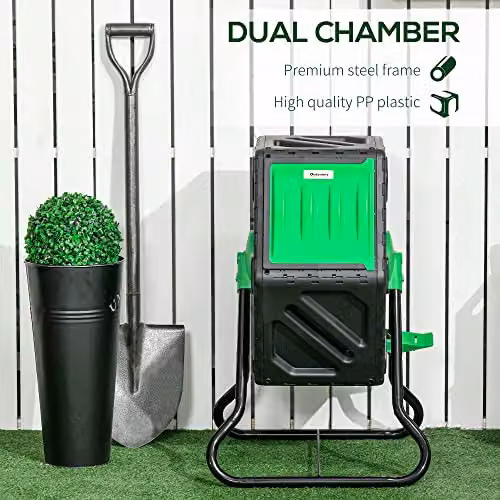 Outsunny 65L Rotating Garden Compost Bin with Steel Legs in Green and Black – 6
