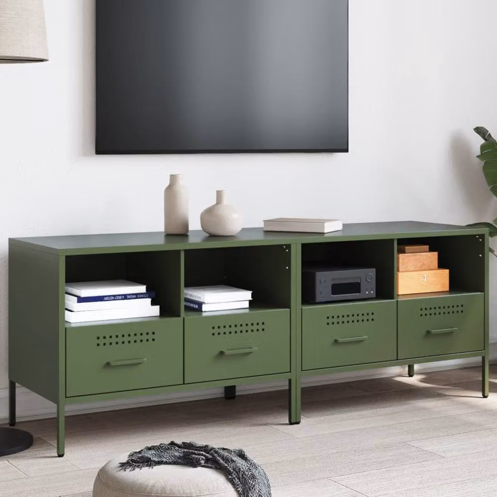Berkfield Home Set of 2 Modern Metal TV Cabinets in Olive Green, W/D/H: 68 x 39 x 50.5 cm – 2
