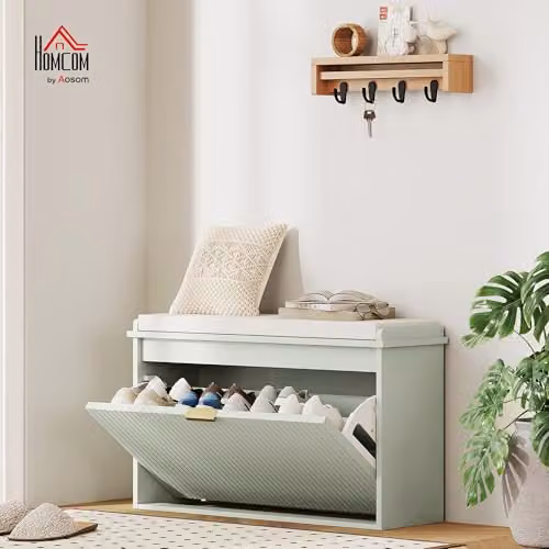 HOMCOM Modern Green Shoe Bench with Padded Seat and Flip-Drawer, W: 80 cm, D: 26 cm, H: 47.5 cm – 2