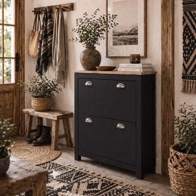 Wyld Haus Resuka Black Slim 2 Drawer Shoe Cabinet in MDF with Tilting Compartments