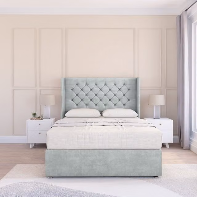 Sloomy Dior Naples Silver Velvet Wingback Bed Set with 54 inch Floor Standing Headboard, Small Single