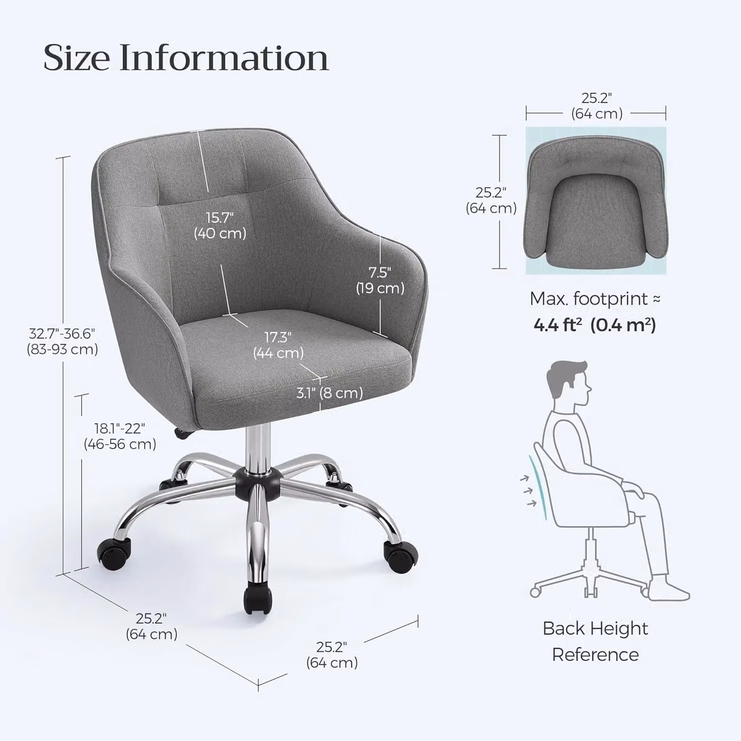 SONGMICS Grey Fabric Swivel Task Chair with Armrests and Adjustable Height for Home Office or Living Room – 2