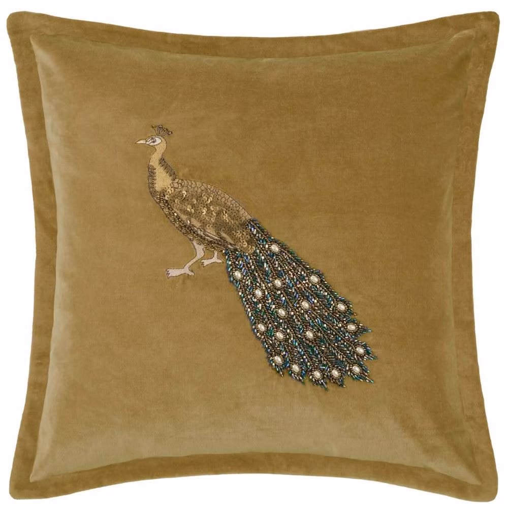 Voyage Maison Mayura Feather Filled Velvet Cushion with Peacock Embroidery in Gold/Yellow, W/D/H: 55 x 55 x 55 cm – 1