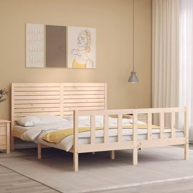 Berkfield Home Beautiful Solid Wood Bed Frame with Headboard in Natural Pine, W/D/H: 160 x 200 x 165.5 cm
