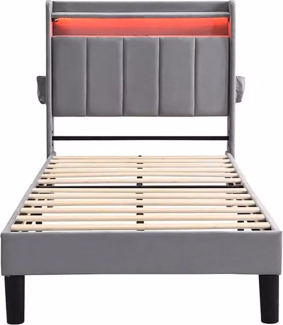 PAWNORA Single Bed Frame with LED Storage Headboard in Grey, W/D/H: 90 x 200 cm – 1