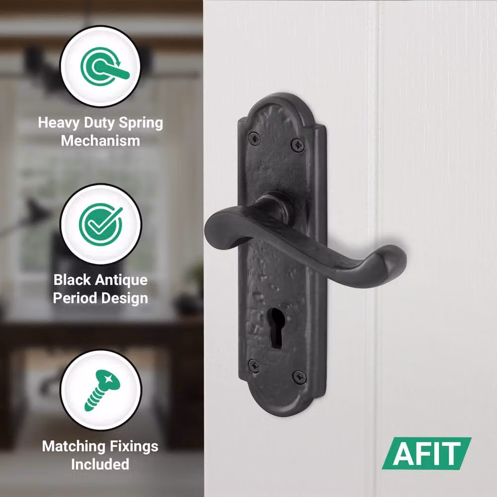 AFIT Black Antique Cast Iron Door Handles with Backplate and Key Lock, 1 Pair – 3