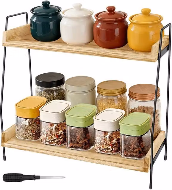 VOGREX 2 Tier Free Standing Spice Jar Storage Organiser in Beige Wood, W: 38.0 cm, D: 19.0 cm, H: 37.0 cm – 1