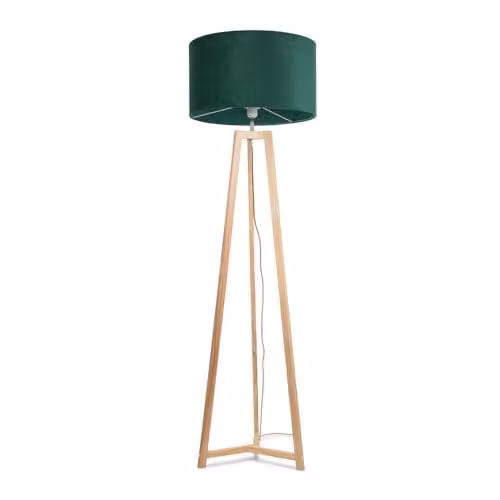ValueLights Lottie Natural Wood Tripod Floor Lamp with Green Fabric Drum Shade, H 148 x W 45 x D 45 cm