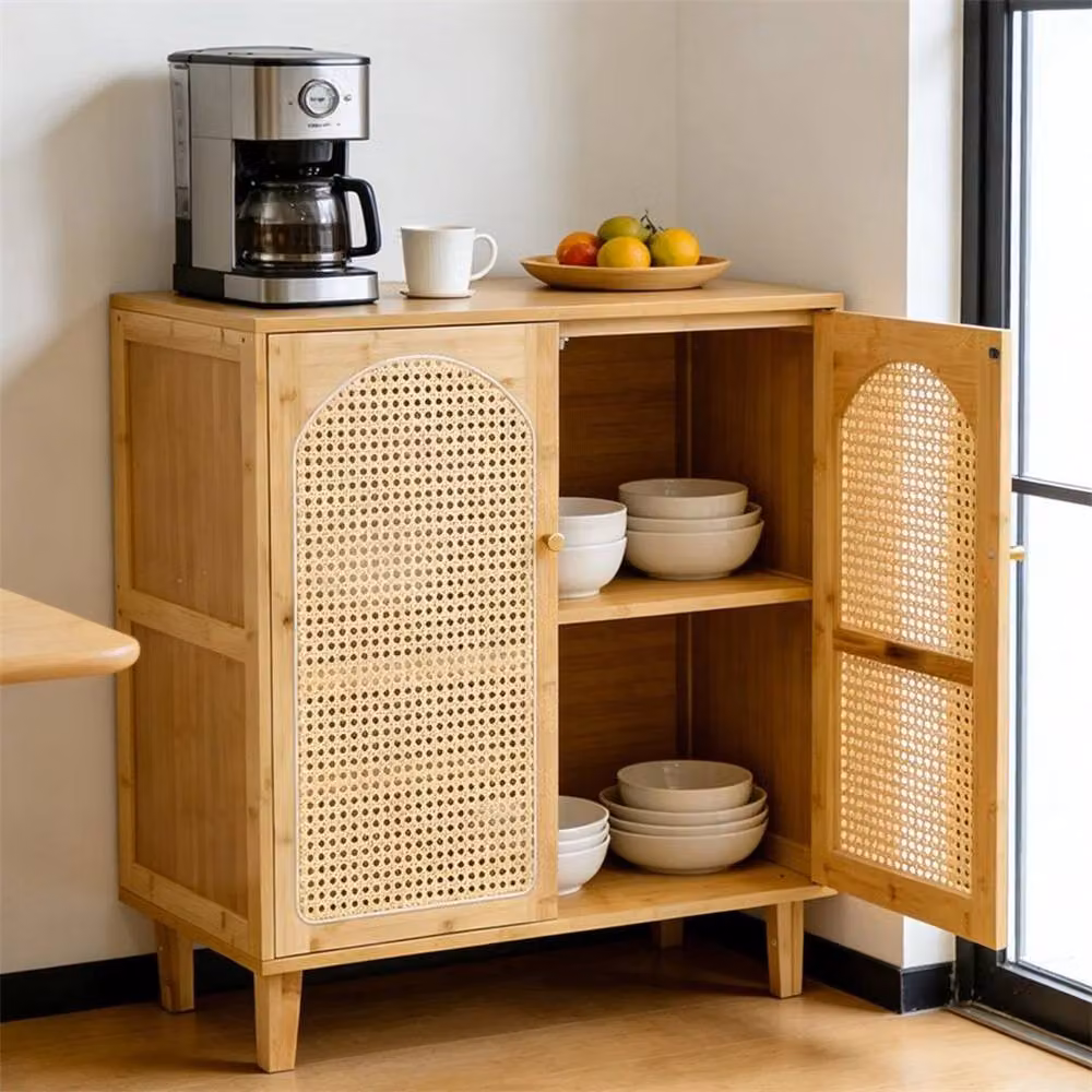KORVIXA Modern Wooden Buffet Sideboard and Rattan Storage Cabinet in Brown and Beige, W/D/H: 100 x 100 x 100 cm – 3