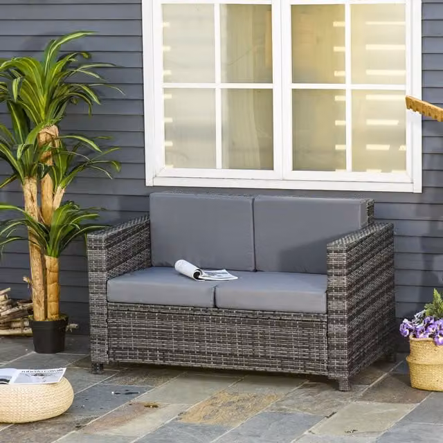 OUTSUNNY Grey Rattan Wicker 2-Seat Garden Sofa Loveseat with Upholstered Cushions and Powder Coated Steel Frame