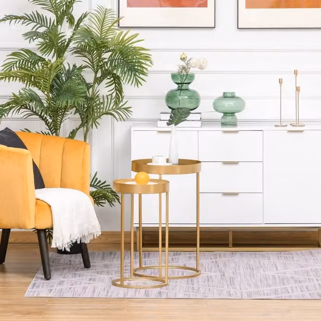 HOMCOM Set of 2 Round Nesting Coffee Tables in Gold and Yellow