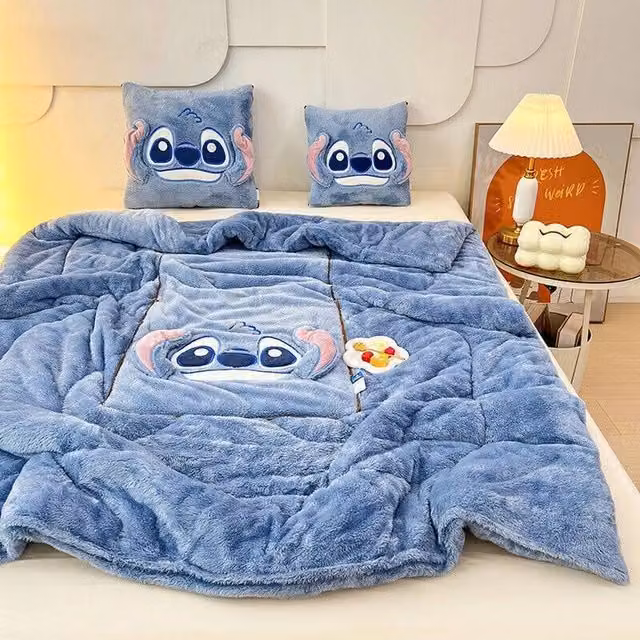 KORVIXA 2-in-1 Stitch Fleece Blanket Pillow in Blue, W/D/H: 40 x 40 x 40 cm (Open: 105 x 145 cm)