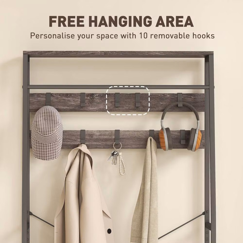 STILVORA Industrial Hall Tree with Bench, Shoe Storage and 10 Hooks in Grey and Black – 3