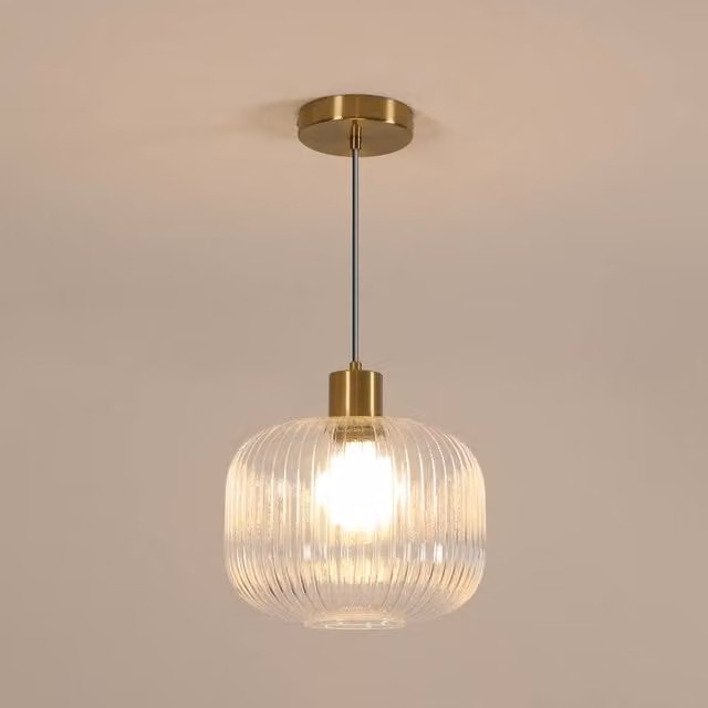 COMELY Amber Glass Pendant Ceiling Light in Gold/Brass with Height Adjustable Suspension