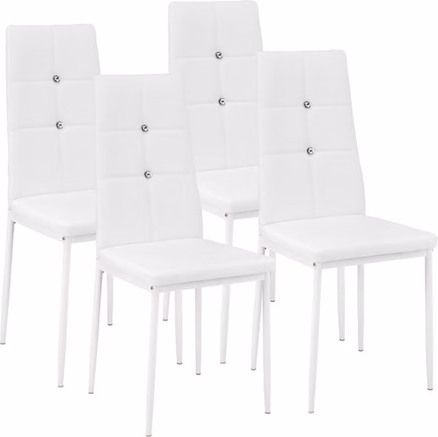Tectake Set of 4 Modern White Dining Chairs with Rhinestones and Synthetic Leather