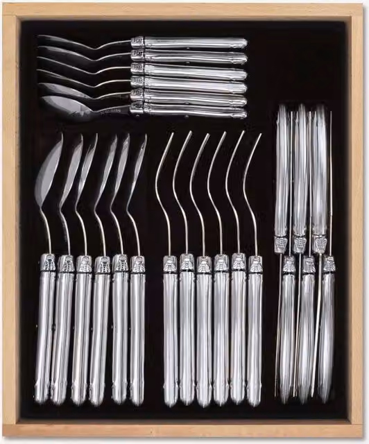 Laguiole 24 Piece Polished Stainless Steel Cutlery Set in Metallic Silver with Wooden Display Case