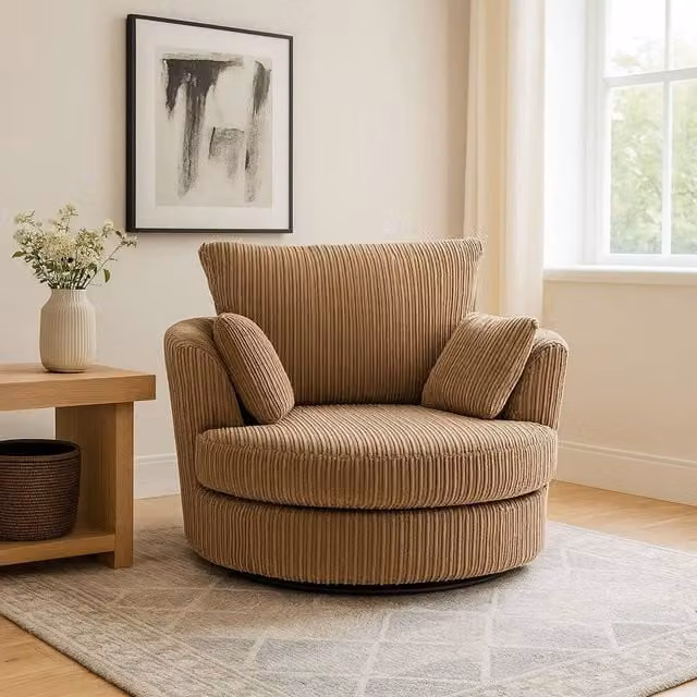 LUXURY LIFE Amalfi Dylan Swivel Chair in Light Brown Jumbo Cord Fabric – 1