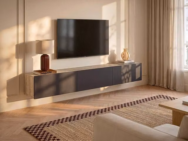 Vente-unique Wall-Mounted TV Unit with 3 Hinged Doors in Anthracite and Grey