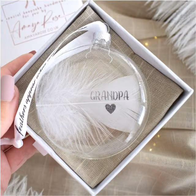 Amaya Rose Ltd In Memory of Grandpa Feather Round Glass Bauble in Clear and White