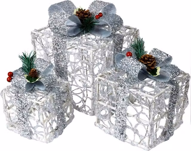 Pegdev Festive Set of 3 Silver LED Christmas Boxes, Battery Operated with Timer and 8 Light Patterns – 1