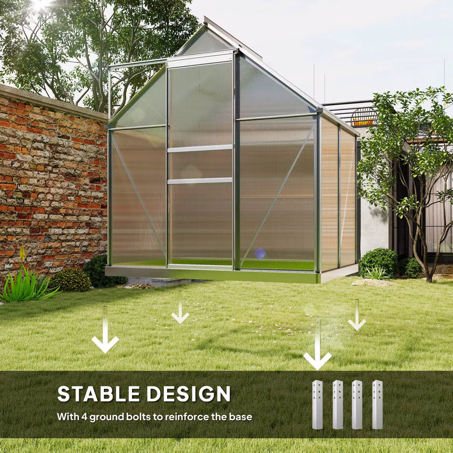 OUTSUNNY Polycarbonate Walk-in Garden Greenhouse with Sliding Door and Windows, Silver Tone – 5