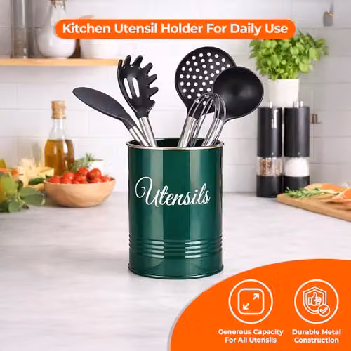 Innoteck Metal Utensil Holder and Cutlery Organiser Pot in Green with Non-Slip Base – 3