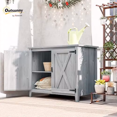 Outsunny Wooden Garden Shed with Internal Shelves and Hinged Doors, Light Grey, W/D/H: 110 x 60 x 88.5 cm – 2