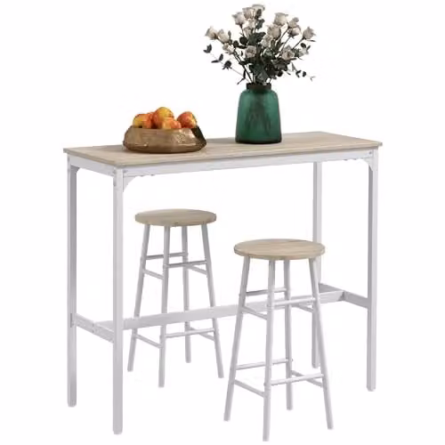 HOMCOM 3 Piece Industrial Bar Table and Chair Set in Oak and White – 1