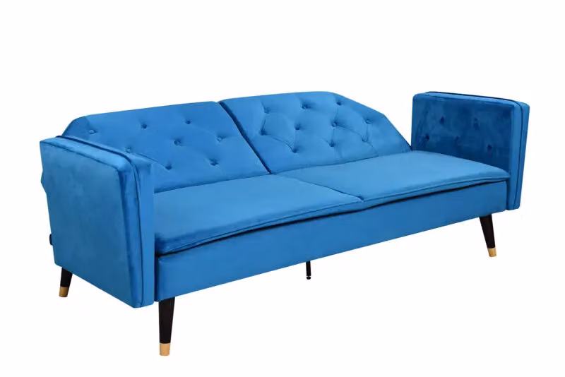 Comfy Living Ltd Blue Plush Velvet Tufted Click Clack Sofa Bed with Black and Gold Metal Legs – 2