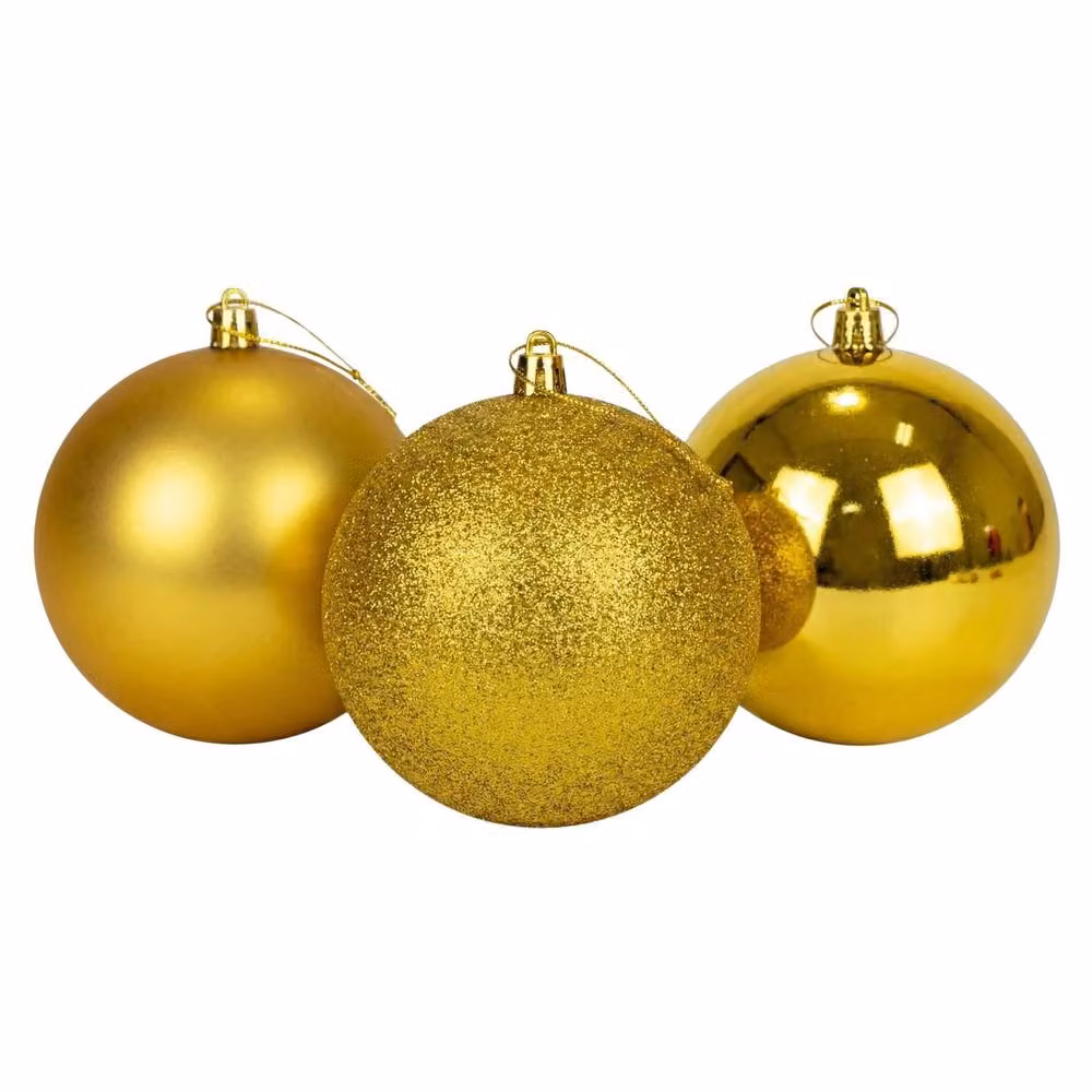 Shatchi Set of 3 Gold Christmas Baubles, 25 cm Diameter, Glossy, Matte and Glitter Finishes – 3