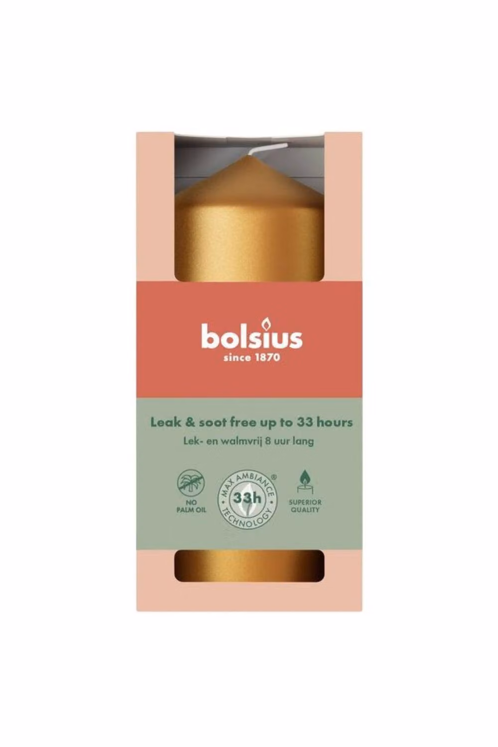 Bolsius Metallic Gold and Orange Pillar Candles, 2 Pack, H 12 cm x W 5.8 cm x D 5.8 cm – 2